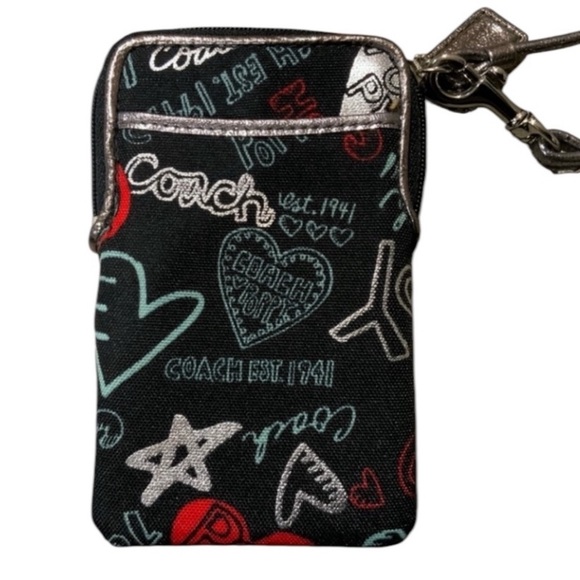 COACH  black &  silver “Poppy Collection”wristlet  zip top outside pocket - Picture 1 of 13